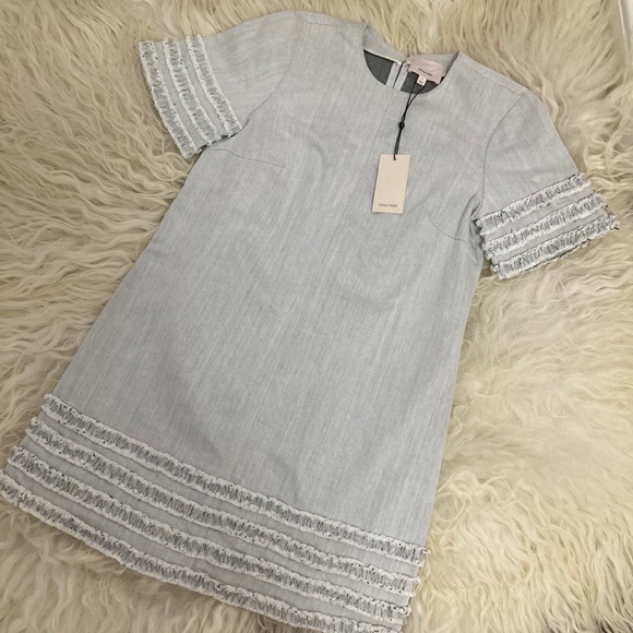 cinq a sept Dresses & Skirts - CINQ A SEPT Ashton Crewneck Short-Sleeve Cotton Shift Dress w/ Frayed Trim